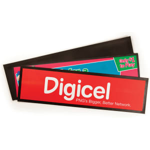 A collection of bar runners in black and red, featuring a prominent logo. Each mat has a different design.