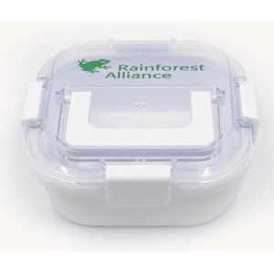 A white lunch box with a transparent lid, featuring a logo on the top. It has a secure clasp for closure.
