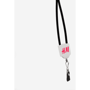 A black lanyard features a white attachment with a branding logo and a clip at the end.