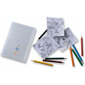 A sketch set featuring a clear case, colouring pencils in various colours, and several colouring pages.