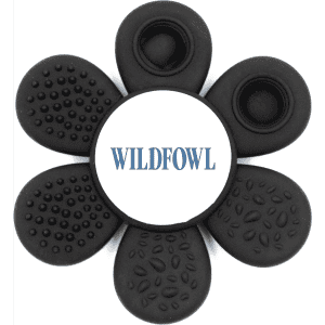 A black flower-shaped product with textured petals and a central logo. It features various raised patterns on each petal.