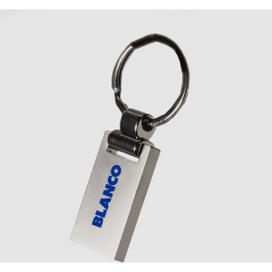 A silver metal keychain with a sleek rectangular design and a circular attachment ring. It has a branding logo.