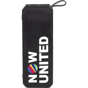 A rectangular black portable speaker with a logo and text. It features a loop for easy carrying.