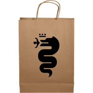A brown paper bag with a black logo featuring a serpent design and handles for easy carrying.