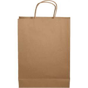 A brown paper bag with twisted handles and a flat base, suitable for various uses.