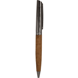 A wooden and metal ballpoint pen featuring a sleek silver tip and a rich brown wooden grip.