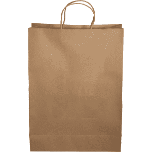 A brown paper shopping bag with twisted handles and a plain surface, featuring a logo.