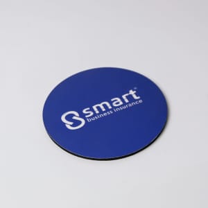A round, blue coaster with a black underside and a white branding logo.