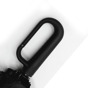 A black foldable umbrella featuring a curved handle and a sleek design. It includes a logo on the handle.