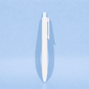 A white plastic ballpoint pen with a clip and a smooth, sleek design against a light blue background.