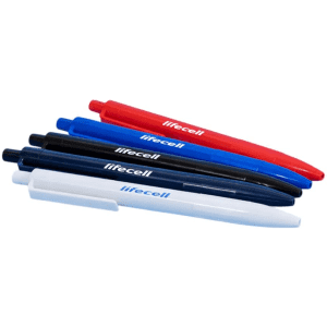 A collection of plastic ball pens in black, blue, red, and white, featuring branding on each pen.