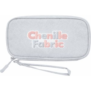 A grey carrying case made from chenille fabric, featuring colourful embroidered text.