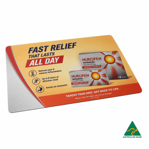 A promotional mouse mat featuring a brightly coloured design, highlighting pain relief with an image of Nurofen packs.
