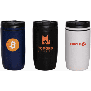 A drink bottle set featuring a navy blue, black, and white vacuum cup, each with a logo.