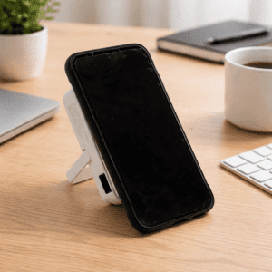 A wireless charging power bank in white, with a smartphone mounted on it, set on a wooden desk.