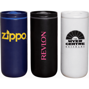 A drink bottle trio featuring a navy blue, black, and white vacuum tumbler with various logos.
