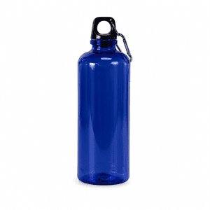 A drink bottle in vibrant blue plastic, featuring a black carabiner and a classic design. It has a logo displayed.