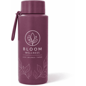 A drink bottle in a deep purple shade featuring a floral design and a logo.