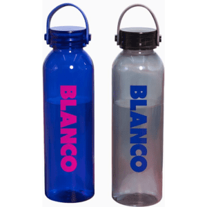 A drink bottle set featuring a blue and a clear design, both with a logo and cap, resting on a bench.
