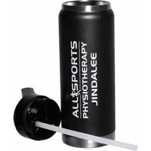 A drink bottle in black with a removable lid and straw, featuring a logo on its surface.