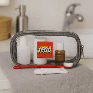 A grey clear travel case containing a toothbrush, toiletry bottles, and a tube, with a logo visible on the front.