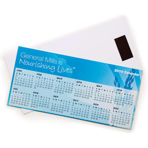 A magnetic calendar featuring a blue design with months listed from January to December. It includes a logo.
