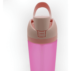 A drink bottle in pink with a beige lid and a handle, featuring a secure top closure and a logo.