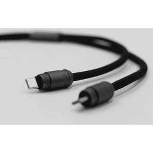 A black charging lanyard with connectors for data transfer and charging, featuring a sleek, durable design.