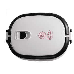 A white lunch box with a black seal, featuring a logo on the lid. It has a secure latch for closure.