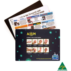 A counter mat featuring multiple designs, including hygiene steps, with a black and colourful background. It has branding.