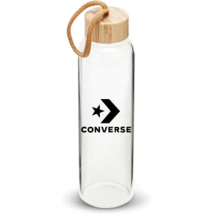 A drink bottle with a clear glass body, bamboo lid, and a logo on the front. It features a rope handle.