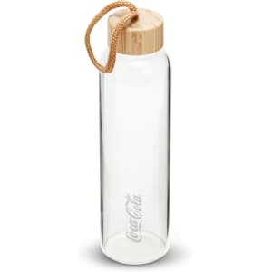 A drink bottle made of clear glass with a wooden lid and a rope handle. It features a logo on the front.