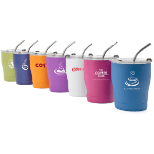 A drink bottle collection featuring various coloured tumblers with lids and straws, each with a logo.