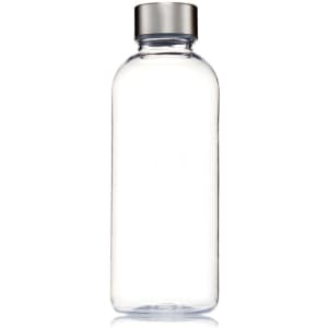 A drink bottle made from clear Tritan, featuring a silver metallic cap and a logo.