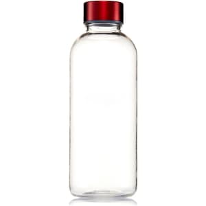 A drink bottle with a clear body and a red screw cap, featuring a branding logo.