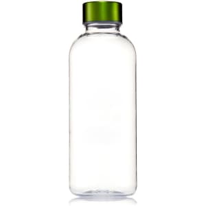 A drink bottle made of clear Tritan with a green screw-on lid, featuring a logo.