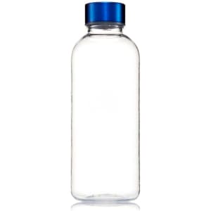 A drink bottle made of clear Tritan material with a blue screw-on lid. It has a sleek, modern design.