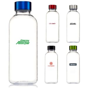 A drink bottle with a transparent body and a blue lid, featuring a green logo, alongside four similar bottles with different lids and logos.