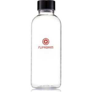 A drink bottle made of clear Tritan plastic with a black lid and a logo in red.