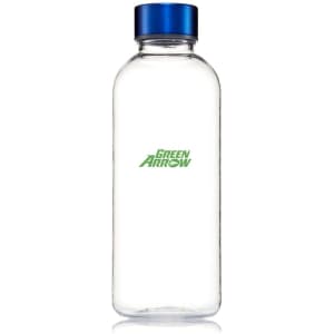 A drink bottle made of clear Tritan material with a blue lid and a logo on the front.