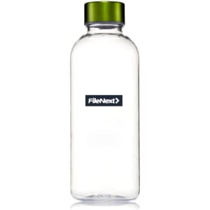 A drink bottle made of clear Tritan plastic with a green screw-top lid and a logo on the front.