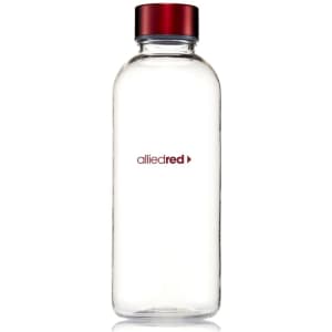 A drink bottle in clear plastic with a red lid and a logo on the side.