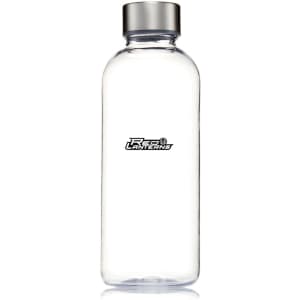 A drink bottle made of clear Tritan material with a silver lid and a logo on the front.