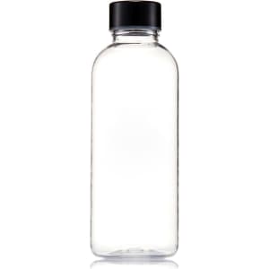 A drink bottle made of clear Tritan with a black screw-on lid. It has a sleek, modern design.