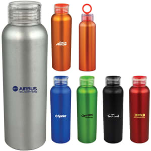 A drink bottle collection featuring aluminium bottles in silver, orange, green, red, and black, each with a screw-on cap and logo.
