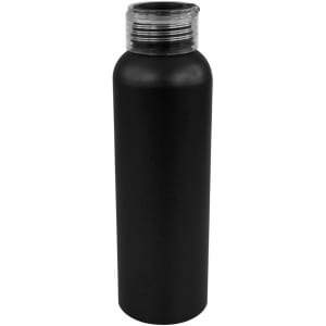 A drink bottle made of black aluminum with a clear screw-top lid and a sleek design. Branding is present.