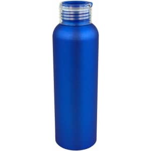 A drink bottle in a vibrant blue colour with a screw-on cap and a smooth metallic finish. It features a logo.