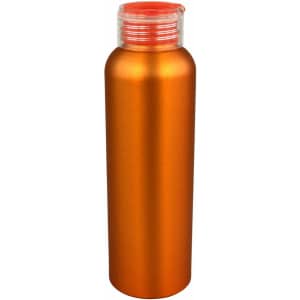 An orange aluminium water bottle with a clear, screw-on lid and a slim design. It features a logo.