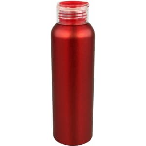 A drink bottle featuring a 600ml capacity, sleek red aluminium design, and a transparent lid, with a logo.