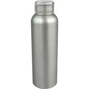 A drink bottle with a silver aluminium body and a clear screw-top lid. It features a branding logo.